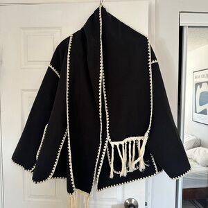 Black contrast stitch Women's Jacket with matching fringed scarf